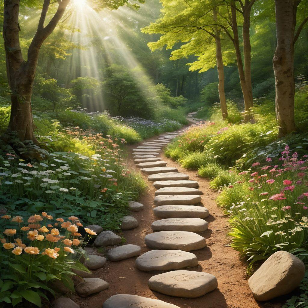 A serene landscape symbolizing hope, featuring a winding path through a lush forest, with rays of sunlight breaking through the trees. Along the path, soft-colored flowers and inspirational quotes engraved on stones. In the distance, silhouettes of supportive figures, representing community and care. Warm and inviting color tones enhance a sense of optimism. super-realistic. vibrant colors.