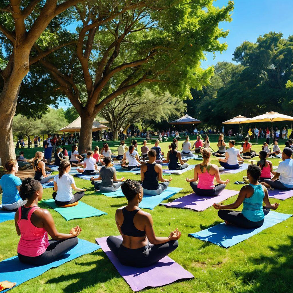A vibrant community gathering featuring diverse individuals sharing wellness activities such as yoga, healthy cooking, and meditation. In the background, lush greenery and an inviting sunlit park create an atmosphere of empowerment and positivity. The foreground includes symbols of health like fruits, water bottles, and fitness gear. Artistic elements like uplifting quotes swirling around to enhance the theme of community empowerment. vibrant colors. digital painting. sunny day.